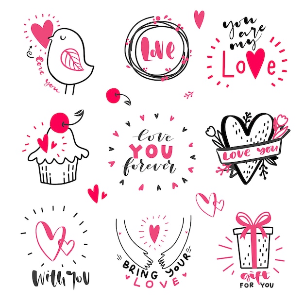 Conjunto de citas de amor dibujado a mano con doodle en vector. Mensajes de amor. Letras de la mano