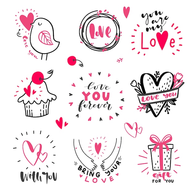 Conjunto de citas de amor dibujado a mano con doodle en vector. mensajes de amor. letras de la mano