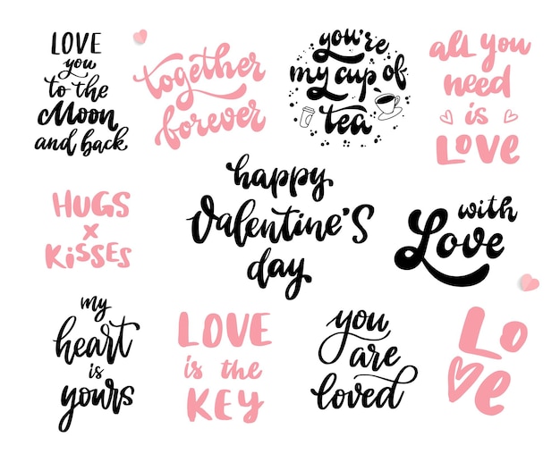 Vector conjunto de citas de letras de mano de san valentín