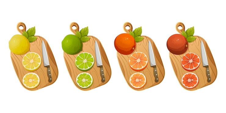Vector conjunto de cítricos en una tabla de cortar de madera con un cuchillo pomelo naranja lima limón