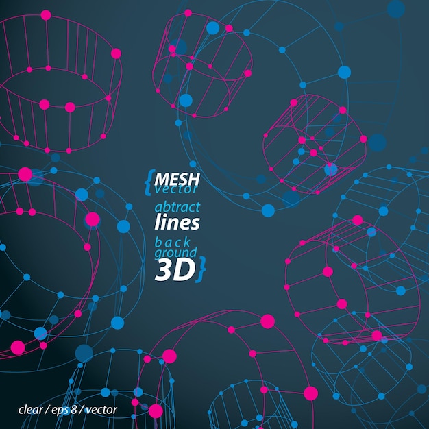 Conjunto de claras ilustraciones vectoriales de ingeniería eps 8 aisladas en fondo oscuro, símbolos de malla 3D, círculos de wireframe con líneas y puntos conectados.