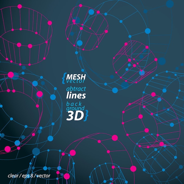 Vector conjunto de claras ilustraciones vectoriales de ingeniería eps 8 aisladas en fondo oscuro, símbolos de malla 3d, círculos de wireframe con líneas y puntos conectados.