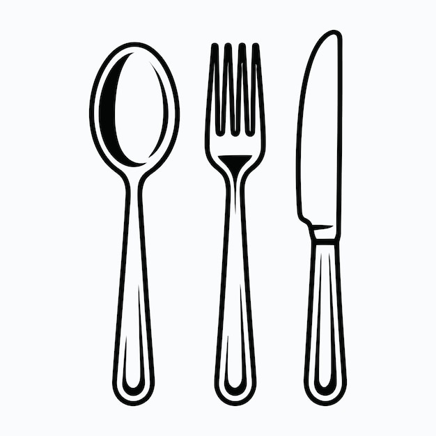 Conjunto clásico de cubiertos, cuchara, tenedor y cuchillo en blanco y negro