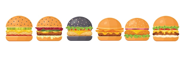 Conjunto, de, clásico, hamburguesas, con, vuelo, ingredientes, vector, hamburguesa, iconos