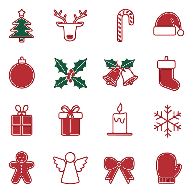Conjunto clásico de iconos navideños minimalistas rojos y verdes
