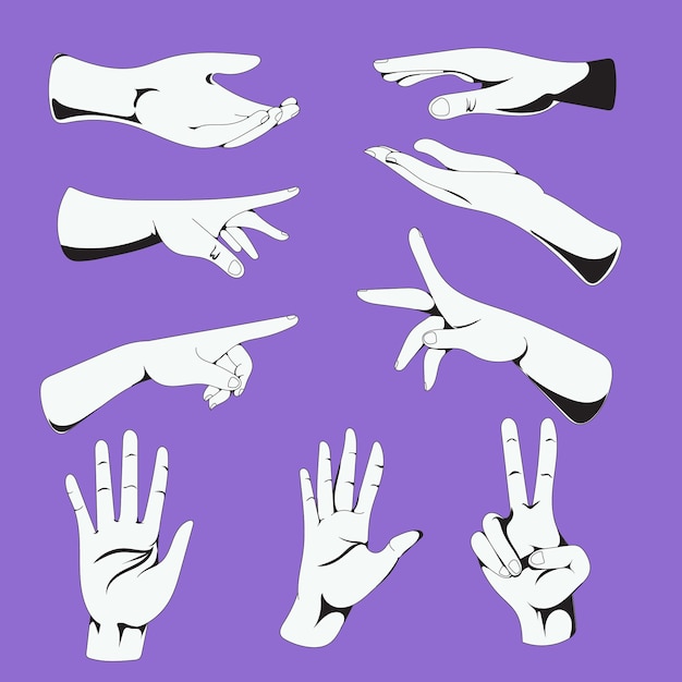 Conjunto clásico de vectores de gestos manuales en estilo grabado en blanco y negro para diseños antiguos y artísticos