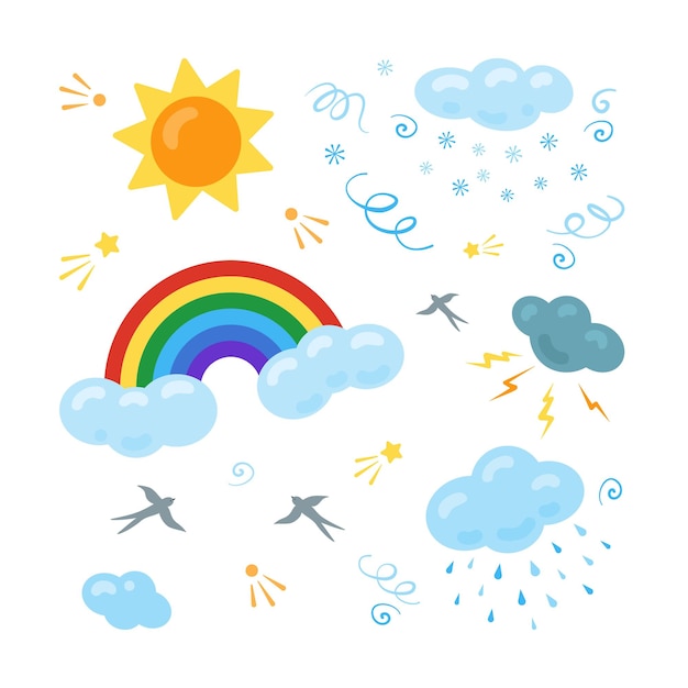 Vector conjunto de clima de dibujos animados vectoriales nubes azules sol arco iris con nubes nieve viento lluvia tormenta y luz