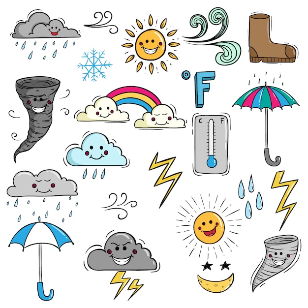 Conjunto de clima lindo con cara Kawaii usando estilo Doodle