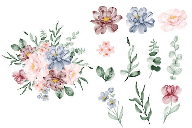 Vector conjunto de clip art aislado de flor rosa azul y hoja