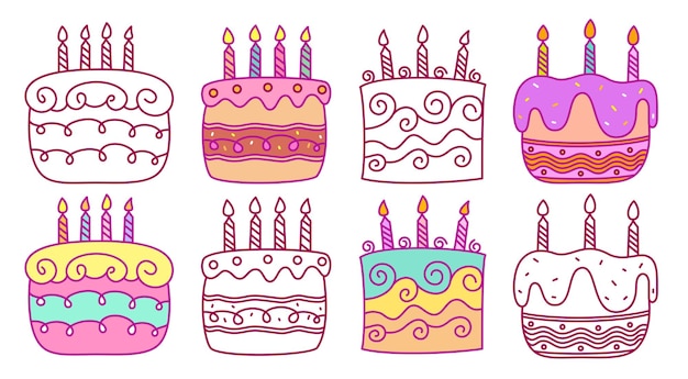 Conjunto de clipart de contorno de pastel de cumpleaños Coloroso pastel con estilo doodle dibujado a mano Colección de clip art