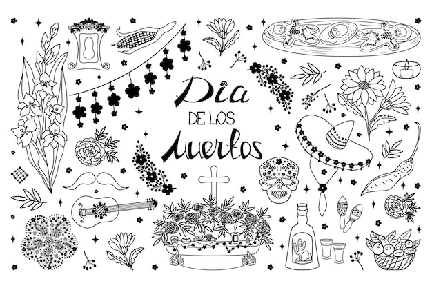 Vector conjunto de clipart del día de los muertos dibujado a mano dia de los muertas símbolos de garabateo para el diseño