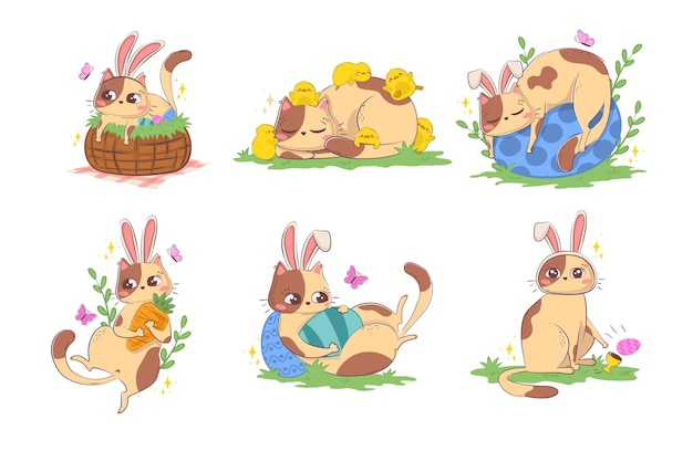conjunto de clipart con un lindo gato de dibujos animados en un disfraz de conejo con atributos de Pascua personaje de primavera gracioso