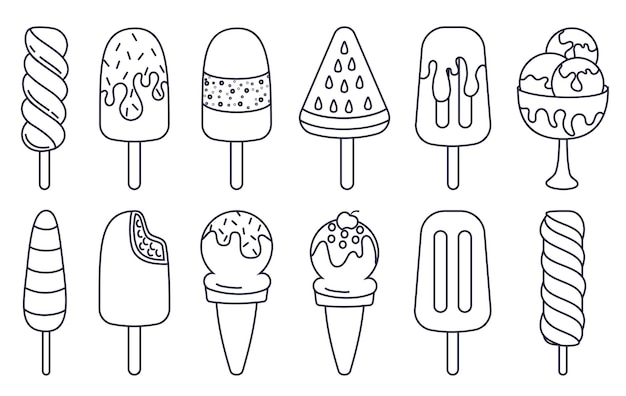 Conjunto de cliparts de contorno de helados icono de dibujo clip art postre colección de líneas dibujadas a mano