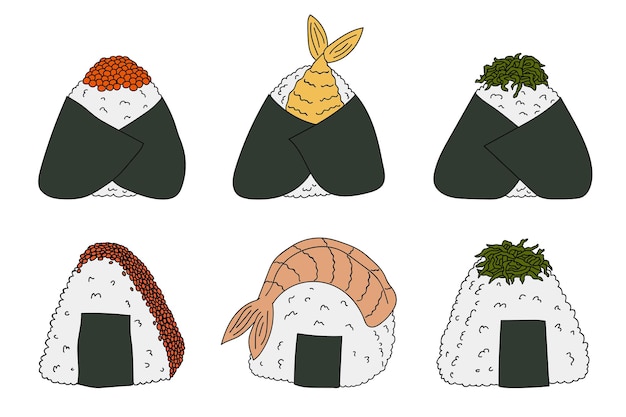 Conjunto de cliparts onigiri dibujados a mano comida rápida japonesa hecha de arroz bola de arroz en algas nori
