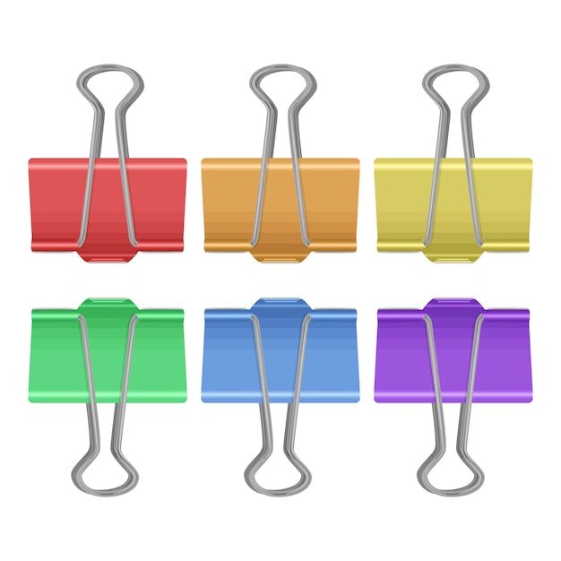 Conjunto de clips multicolores sobre fondo blanco, material de oficina en formato vectorial