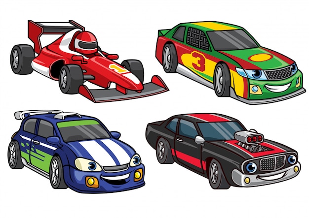 Vector conjunto de coche de carreras deportivas de dibujos animados