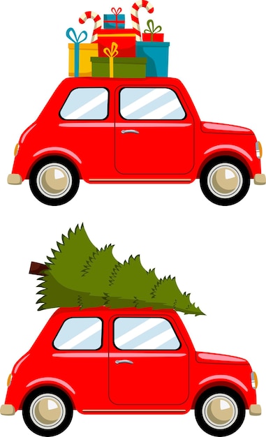 Conjunto del coche retro rojo con caja navideña y árbol navideño