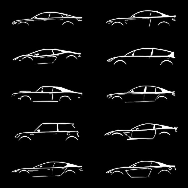 Vector conjunto de coche silueta blanca sobre fondo negro