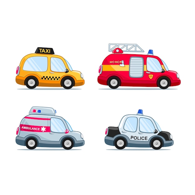 Vector conjunto de coches al estilo de dibujos animados que incluye camión de bomberos, coche de policía, taxi y ambulancia