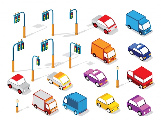 Conjunto de coches y camiones.