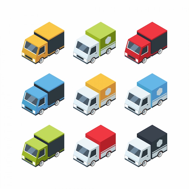 Conjunto de coches de carga estilo isométrico de dibujos animados