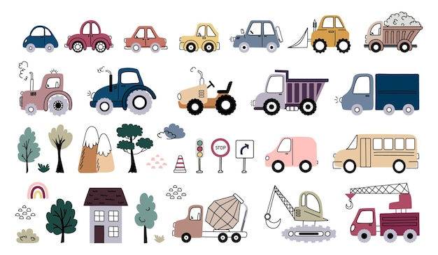 Conjunto de coches tirados a mano camiones tractores vehículos de construcción