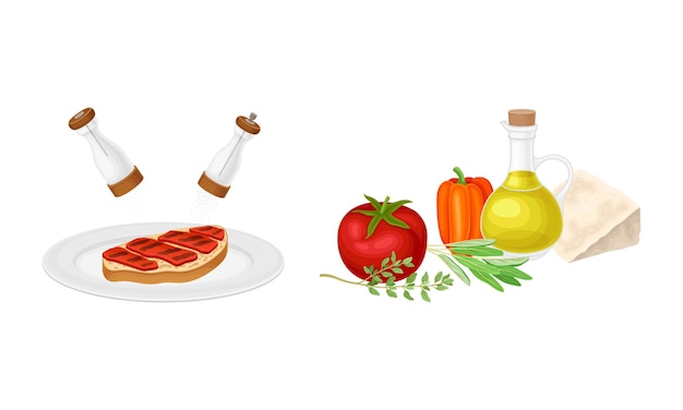 Conjunto de cocina Bruschetta Vegetales frescos y rebanada de pan tostado con ilustración vectorial de carne