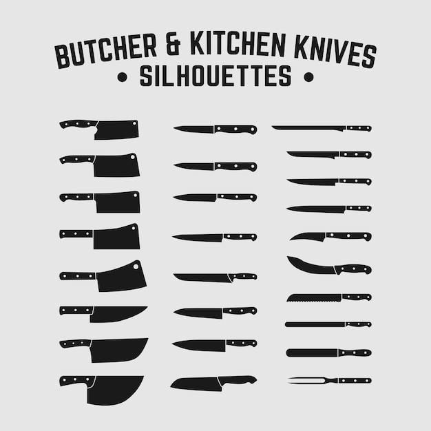 conjunto, de, cocina, carnicero, chef, cuchillos, cuchillo, silueta
