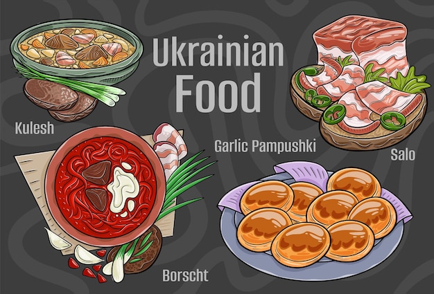 Conjunto de cocina tradicional ucraniana popular Ilustración vectorial dibujada a mano sobre un fondo oscuro