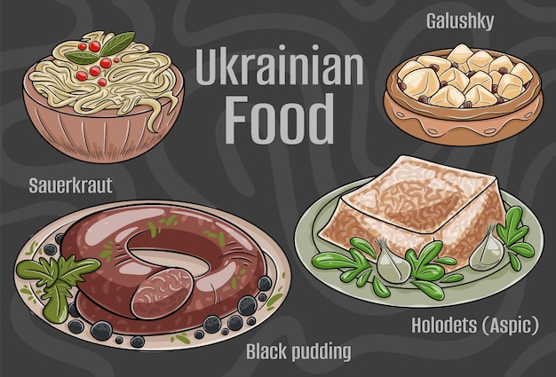 Conjunto de cocina tradicional ucraniana popular Ilustración vectorial dibujada a mano sobre un fondo oscuro