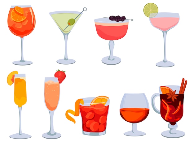 Conjunto de cócteles alcohólicos. Colección de bebidas alcohólicas estilizadas en vidrio.