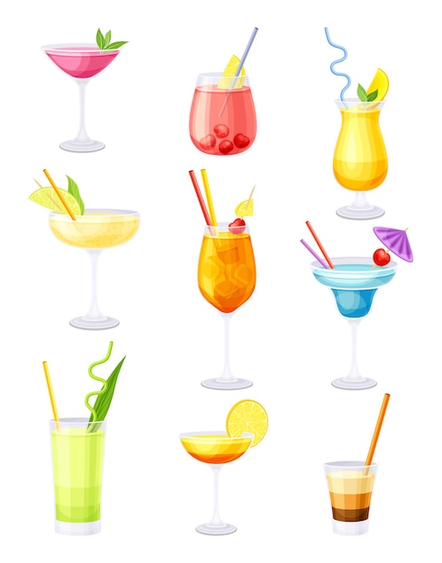 Conjunto de cócteles alcohólicos o no alcohólicos Ilustración vectorial de bebidas de verano de frescura