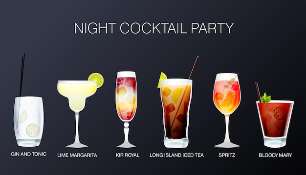 Conjunto de cócteles alcohólicos sobre un fondo oscuro Cóctel nocturno Vector
