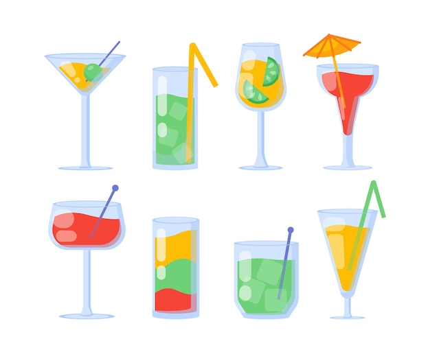 Conjunto de cócteles en concepto de vasos Bebidas alcohólicas con hielo Bebidas y líquidos sabrosos para la temporada de verano Soda y jugo tropical Colección de vectores planos de dibujos animados aislados en fondo blanco