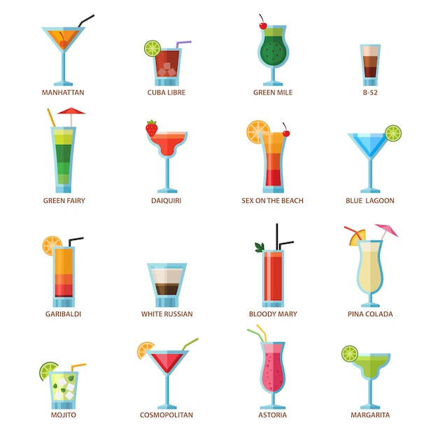 Vector conjunto de cócteles diferentes bebidas alcohólicas