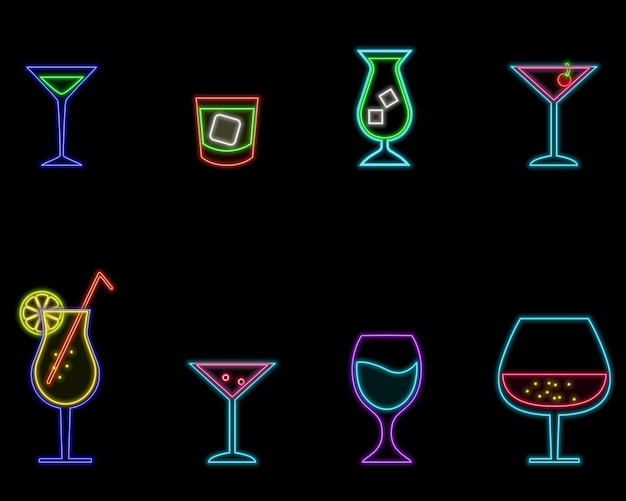Conjunto de cócteles de estilo neón varias bebidas coloridas Ilustración vectorial