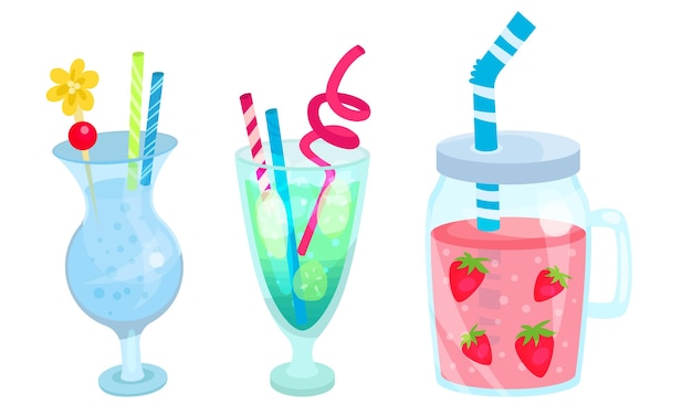 Conjunto de cócteles con hielo y compota con fresas en vasos transparentes Ilustración vectorial