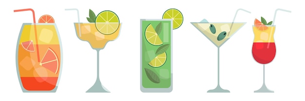 Vector conjunto de cócteles ilustración de verano de bebidas clásicas en diferentes tipos de vasos ilustración vectorial de cócteles de verano banner con refrescos y bebidas alcohólicas