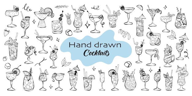 Conjunto de cócteles de tinta de bebidas alcohólicas clásicas Ilustración vectorial de cóctels de verano