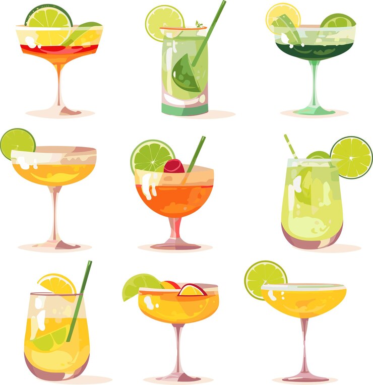 Vector conjunto de cócteles de verano ilustración vectorial de dibujos animados aislados en fondo blanco icono bebida fresca