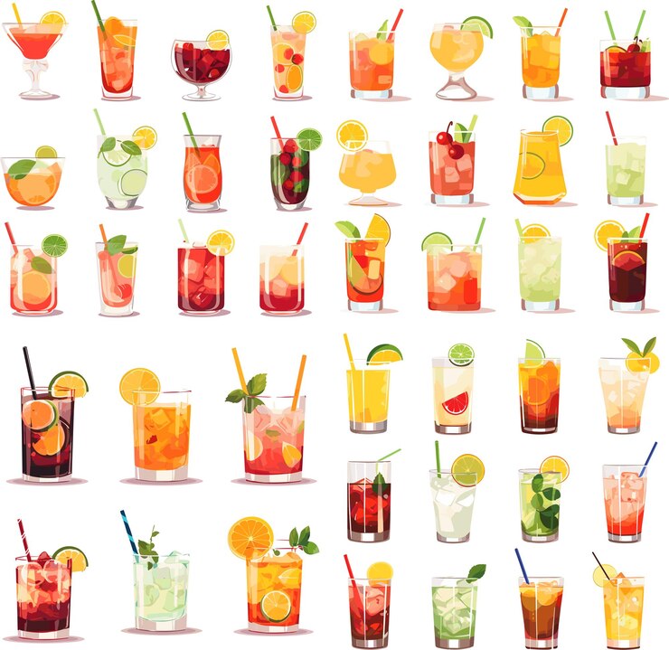 Vector conjunto de cócteles de verano ilustración vectorial de dibujos animados aislados en fondo blanco icono bebida fresca