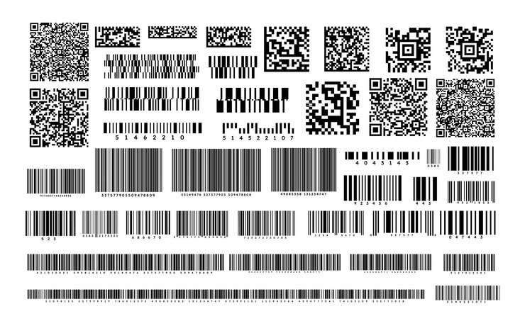 Vector conjunto de códigos de barras inventario de bienes en tiendas y supermercados comercio electrónico enlaces cortos y códigos qr compras digitales y en línea colección de vectores planos aislados en fondo blanco
