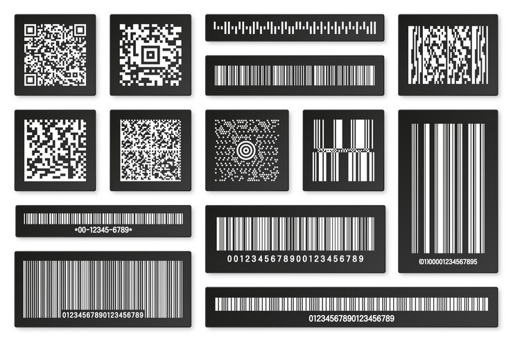 Vector conjunto de códigos de barras de producto negros y códigos qr de identificación código de seguimiento número de serie identificador de producto