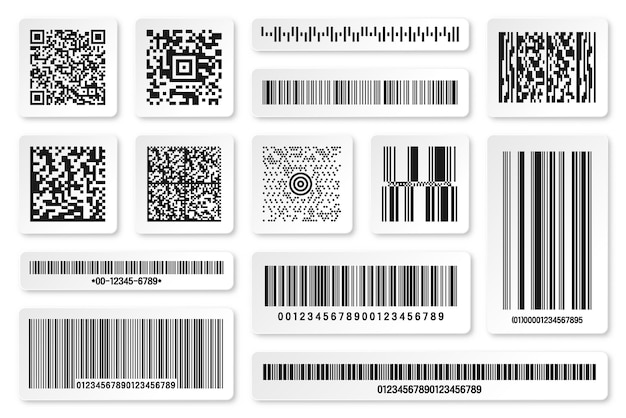 Conjunto de códigos de barras de productos y códigos qr de identificación código de seguimiento número de serie ID de producto con