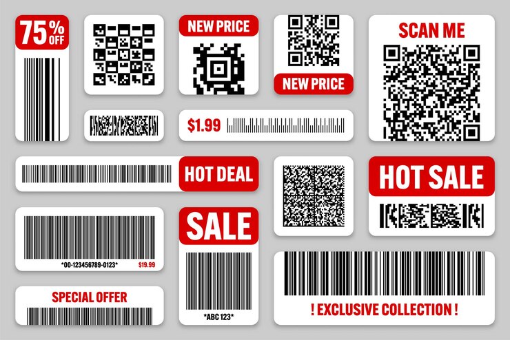 Vector conjunto de códigos de barras de productos y códigos qr de ofertas especiales, pegatinas de venta, etiquetas de descuento de compras o
