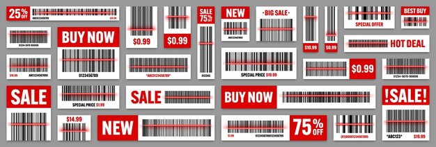 Vector conjunto de códigos de barras de productos con pegatinas de venta de línea de escaneo roja, etiqueta de descuento o insignia promocional