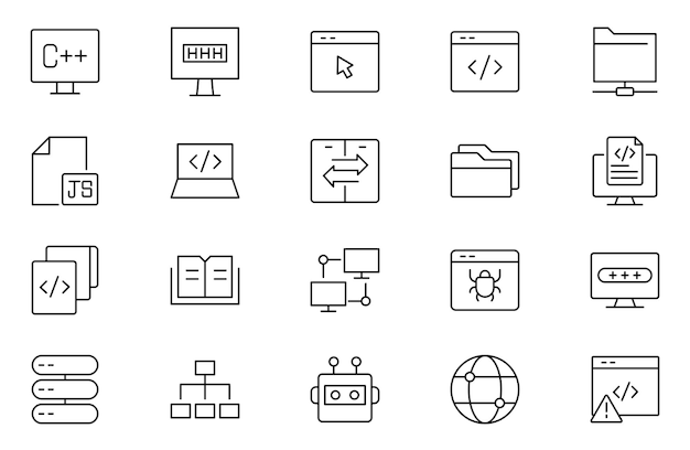 Conjunto de códigos de programación de íconos web en estilo de línea Íconos de desarrollo de software
