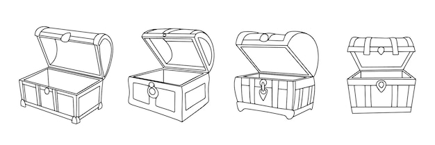Conjunto de cofres dibujados a mano en estilo doodle Colección de contorno de caja de cofre vacía abierta dibujado a mano
