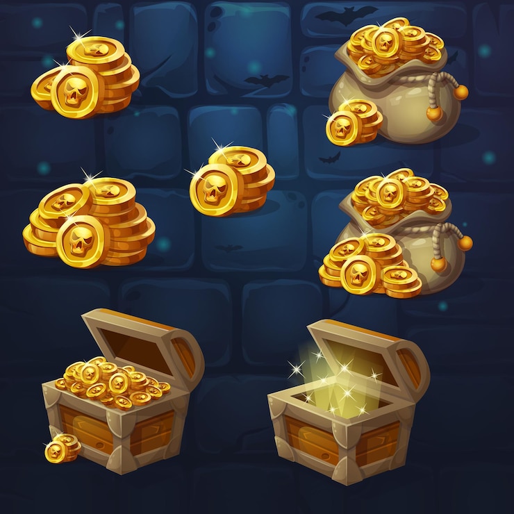 Vector conjunto de cofres de madera con monedas para la interfaz de usuario del juego.