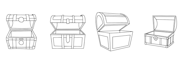 Conjunto de cofres vacíos abiertos en estilo doodle Contorno de cofres de tesoros vacíos Arte vectorial dibujado a mano